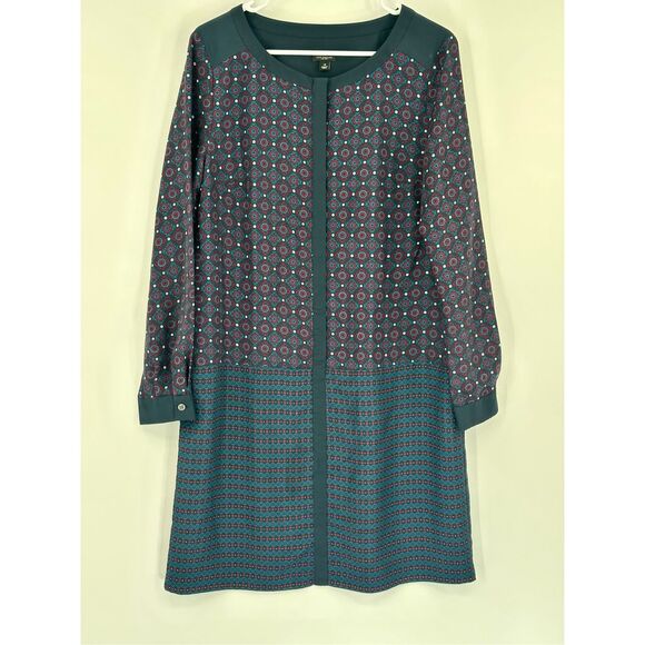 Ann Taylor size 14 navy blue print long sleeve shift dress - Picture 4 of 10